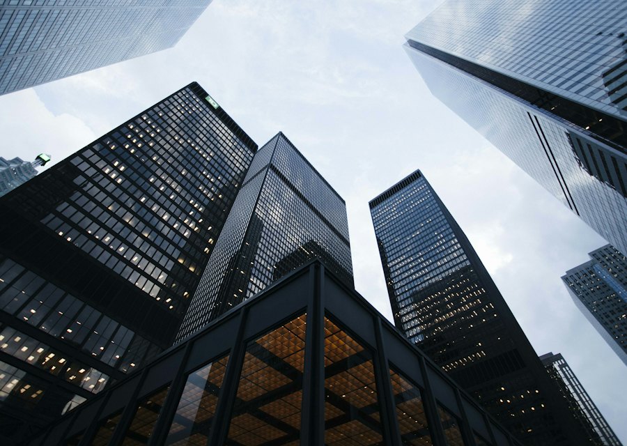 Glass office towers seen from below